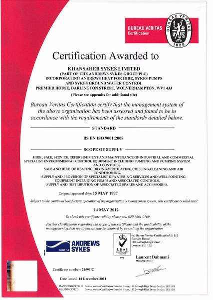 iso-certificate_427x600 Khansaheb Sykes – the Middle East Pumping, Dewatering and Chiller specialist is delighted to announce its successful award of ISO 9001:2008 certification from Bureau Veritas